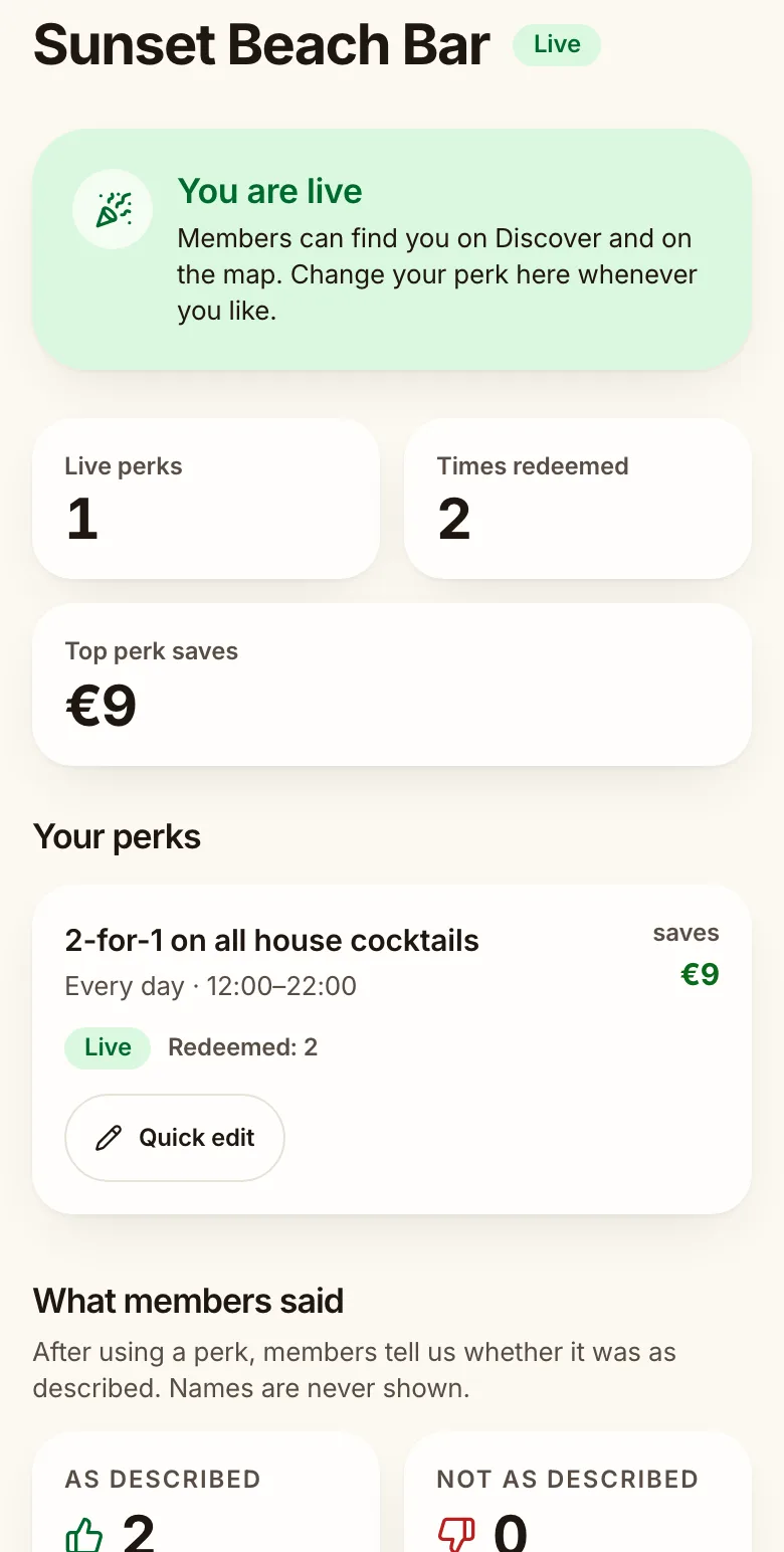 Partner dashboard with redemptions, member feedback and app preview
