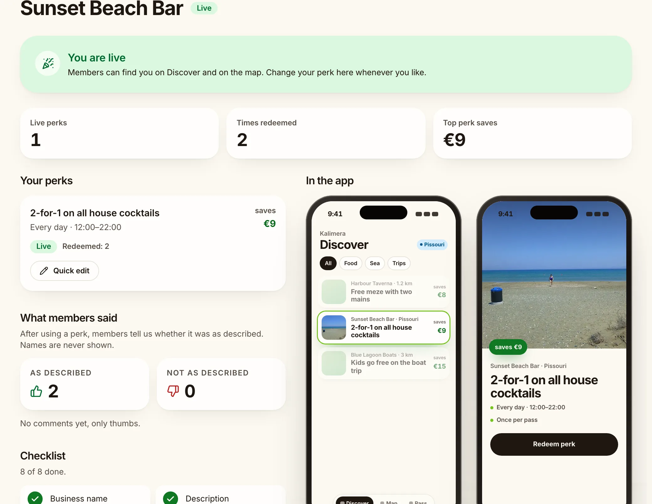 Partner dashboard with redemptions, member feedback and app preview