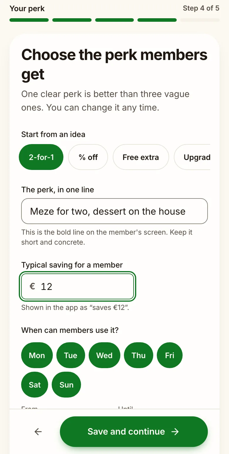 The perk step of the onboarding wizard with a live app preview