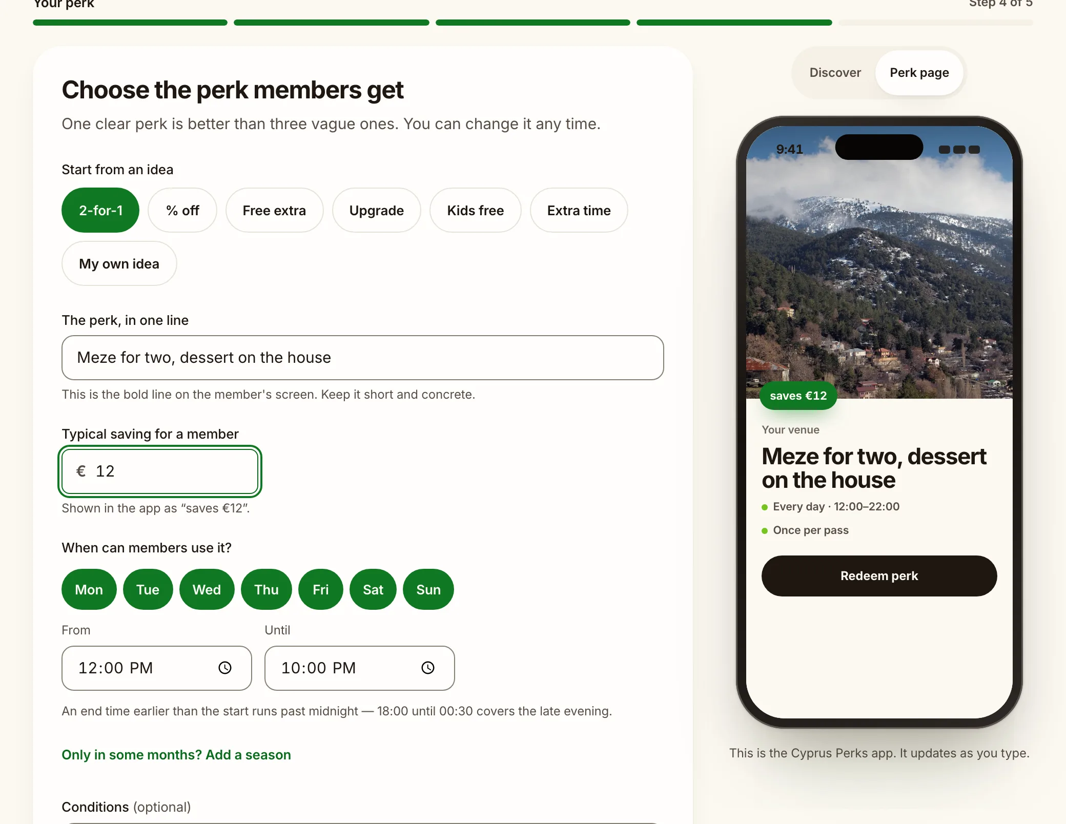 The perk step of the onboarding wizard with a live app preview